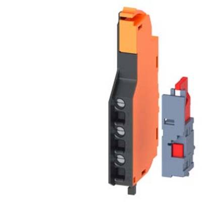 An orange electrical fuse with multiple slots and a side toggle switch. To the right, a grey clip component.