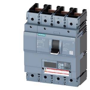 A grey circuit breaker with multiple circuits. Front view shows levers and terminal connections.