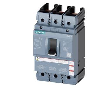 A Siemens power circuit breaker, three-pole, with a black switch and technical labelling, is suitable for industrial use.
