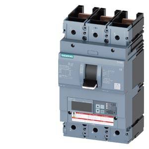 A three-pole circuit breaker with the 'Siemens' label and technical specifications on the front.