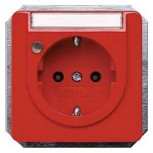 Red wall socket with overload protection and an indicator light.