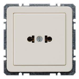 A white light switch without a rocker or toggle function, mounted in a metal frame, centrally positioned against a neutral background.