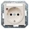 White socket with earth contacts, built into a silver metal mounting, suitable for European Schuko plugs.