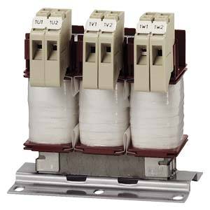 Three-phase contactor block with three vertical coils and terminals mounted on a metal base plate; industrial application.
