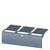 A grey metal shelving unit with three angled, perforated shelves. Suitable for displaying objects or books.
