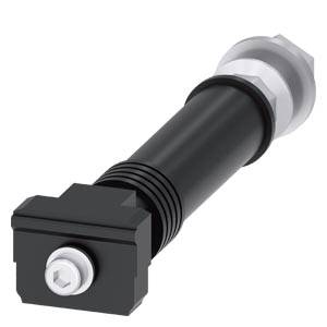 Black, cylindrical component with a rectangular base and threaded screw, potentially a mechanical part or adaptor.