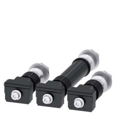 Three black and silver insulators for electrical applications, with hexagonal nut and insulating sleeve, arranged in a row.