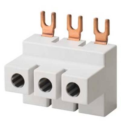 A three-pole terminal block made of white plastic with three copper contacts on top, suitable for electrical connections.