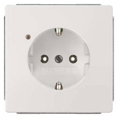 White Siemens socket with protective contact and earthing; suitable for electrical installation in indoor spaces. Contains a control light in the top left corner.