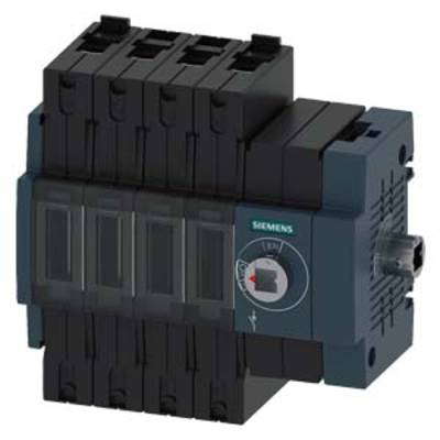 A black, multi-pole electrical switch by Siemens with an external rotary handle.