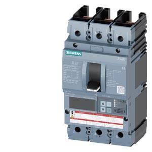 A three-pole circuit breaker by Siemens with a lever for electrical circuit interruption. Suitable for industrial applications.