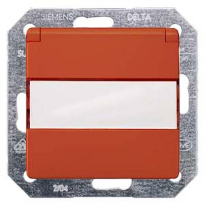 A red light switch with a white stripe in the middle, mounted on a metallic mounting bracket.