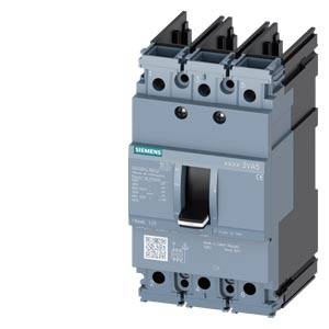 Circuit breaker with housing, three contact poles and toggle switch lever. Brand 'Siemens'. Suitable for electrical installations.