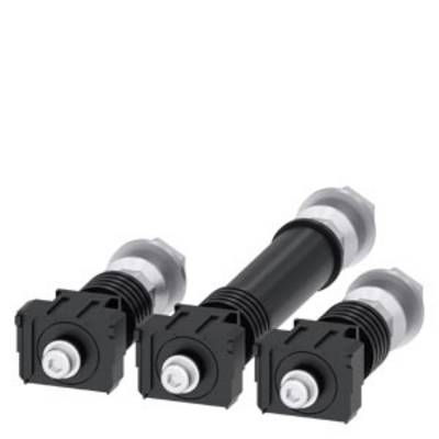 Three black threaded pins with silver caps and attachments are arranged in a row. They are components of a machine.