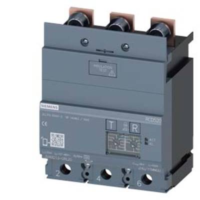 Three-pole circuit breaker with labels and three copper connections at the top. Model number and manufacturer are visible.