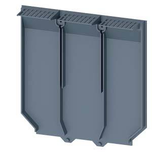 A grey plastic container with three vertical compartments and ribbed lids on top. The container has bevelled corners at the bottom.