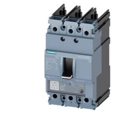 Siemens three-pole circuit breaker with toggle switch, front view, in grey. Model for industrial applications.