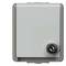 Grey lockable wall cabinet with a round lock located bottom right on the front side.