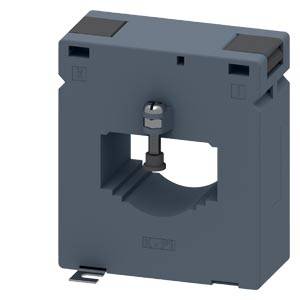 A square, grey electrical current transformer with a circular opening in the centre and mounting mechanisms on top.