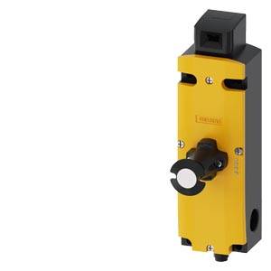 A yellow safety switch with a black rotary handle, mounted on a rectangular base.