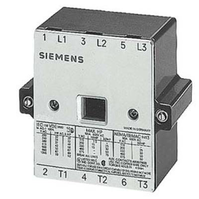 A Siemens electrical contactor with connection terminals L1, L2, L3 at the top and T1, T2, T3 at the bottom, for controlling electrical circuits.