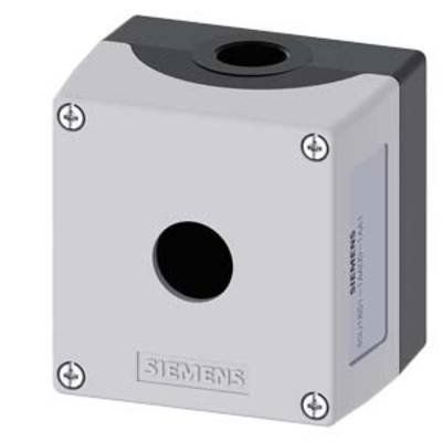 A grey-black electrical enclosure by Siemens with a central hole and screws at the corners, likely for industrial applications.