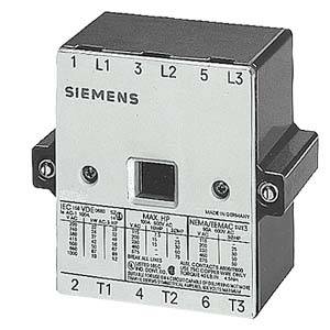 Siemens power contactor with terminals L1, L2, L3, T1, T2, T3. Suitable for IEC and NEMA standards. Manufactured in Germany.