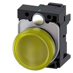A yellow push button with a black housing, suitable for industrial control panels.