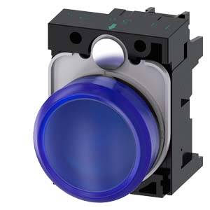 A blue-illuminated push button in a black housing, typical for industrial applications, viewed from the front.