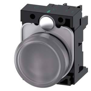 Round, transparent push button with black housing, suitable for industrial control units.