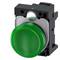 Green round push button with black housing, used for controlling machines or devices in industrial environments.