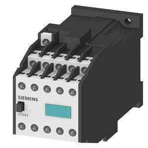'Siemens brand contactor, Model number 3TH43, with multiple screw terminals on the top surface, depicted in black and white.'