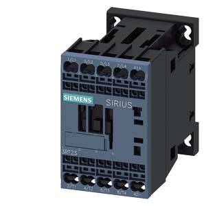 A Siemens contactor, Sirius model, in a black housing, with multiple electrical connections and blue labelling.