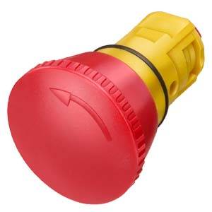Red emergency stop button with yellow base, used for immediate shutdown in emergency situations.