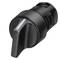 Black plastic rotary switch with ergonomic handle. Used for controlling electronic devices.