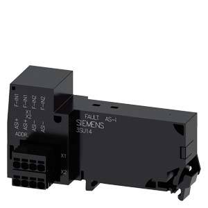 'Black Siemens module, rectangular shape, multiple connection ports on one side, labelling shows "SIEMENS, FAULT, AS-i".'