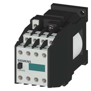An industrial Siemens contactor, square in shape, with connection screws, model number 3TH42, predominantly black and white.