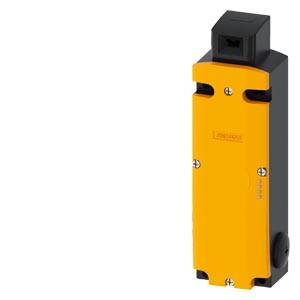 Yellow safety switching device with a black cap and screws at the corners, from the brand 'Leuze'.