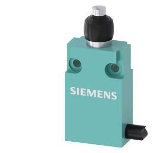 Industrial switch with Siemens logo, blue-green housing colour, featuring two mounting points and a black rotary knob on top.