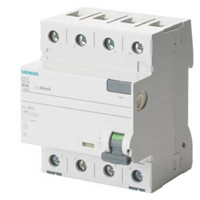 A four-pole RCD (Residual Current Device) from Siemens, used to protect against electric shocks and earth leakage currents.