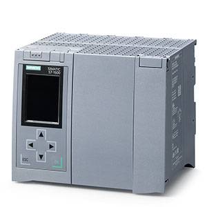 A Siemens SIMATIC S7-1500 automation device, grey, with a display and buttons for controlling and programming industrial processes.
