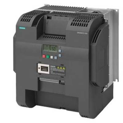 A black industrial frequency inverter with a digital display, buttons, and heat sinks, mounted on a metal plate.