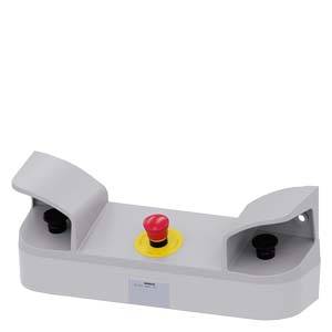 Grey emergency stop station with a red button in the centre and two grey protective devices on the sides.