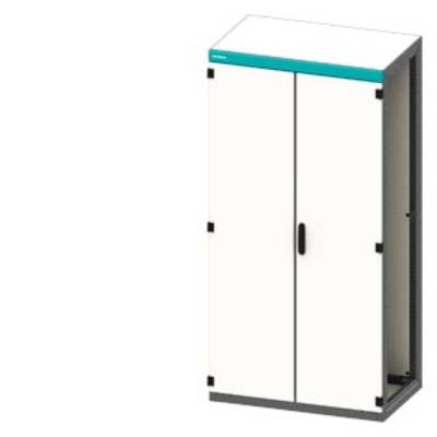 A white metal cabinet with two doors, a black handle, and a turquoise stripe at the top; suitable for storage.