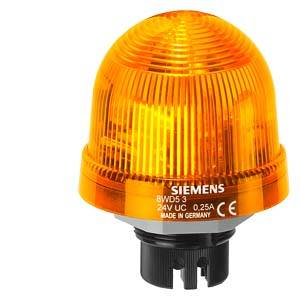 'Siemens BWD53' yellow LED warning light, 24V UC, 0.25A, Made in Germany, CE certified, for industrial applications.