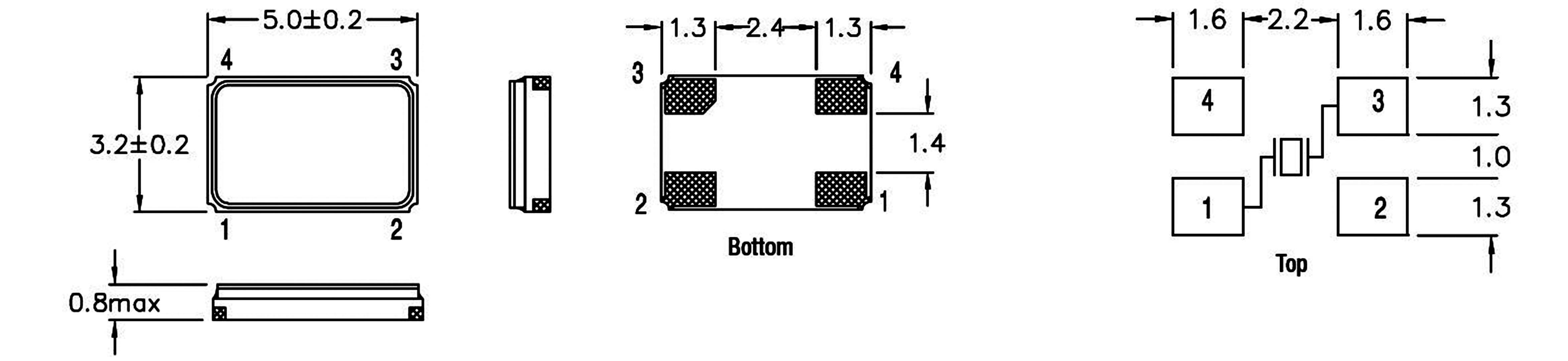 Technical drawing of a rectangular electronic component with precise dimensions in millimetres. Side and bottom views included.