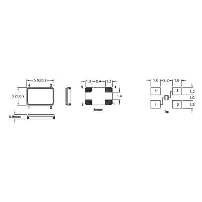 Technical drawing of a rectangular electronic component with precise dimensions in millimetres. Side and bottom views included.