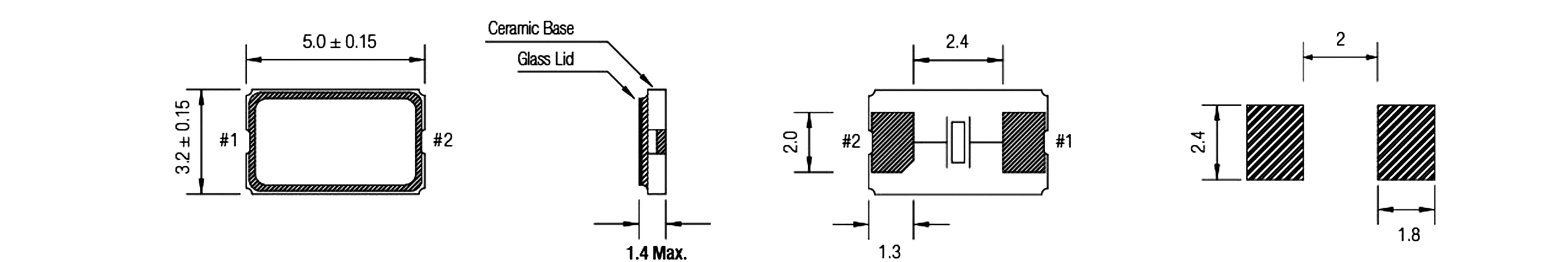 Technical drawing of a rectangular component with dimensions: 5.0 x 3.2 x 2.4 mm. Two connections, ceramic surface.