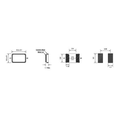 Technical drawing of a rectangular component with dimensions in millimetres: 5.0 x 3.2 x 1.1. Ceramic base and metal cover.