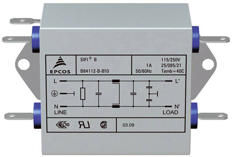 Illustrated is a grey electrical filter from EPCOS with connection terminals, technical specifications, and a circuit diagram on the top surface.